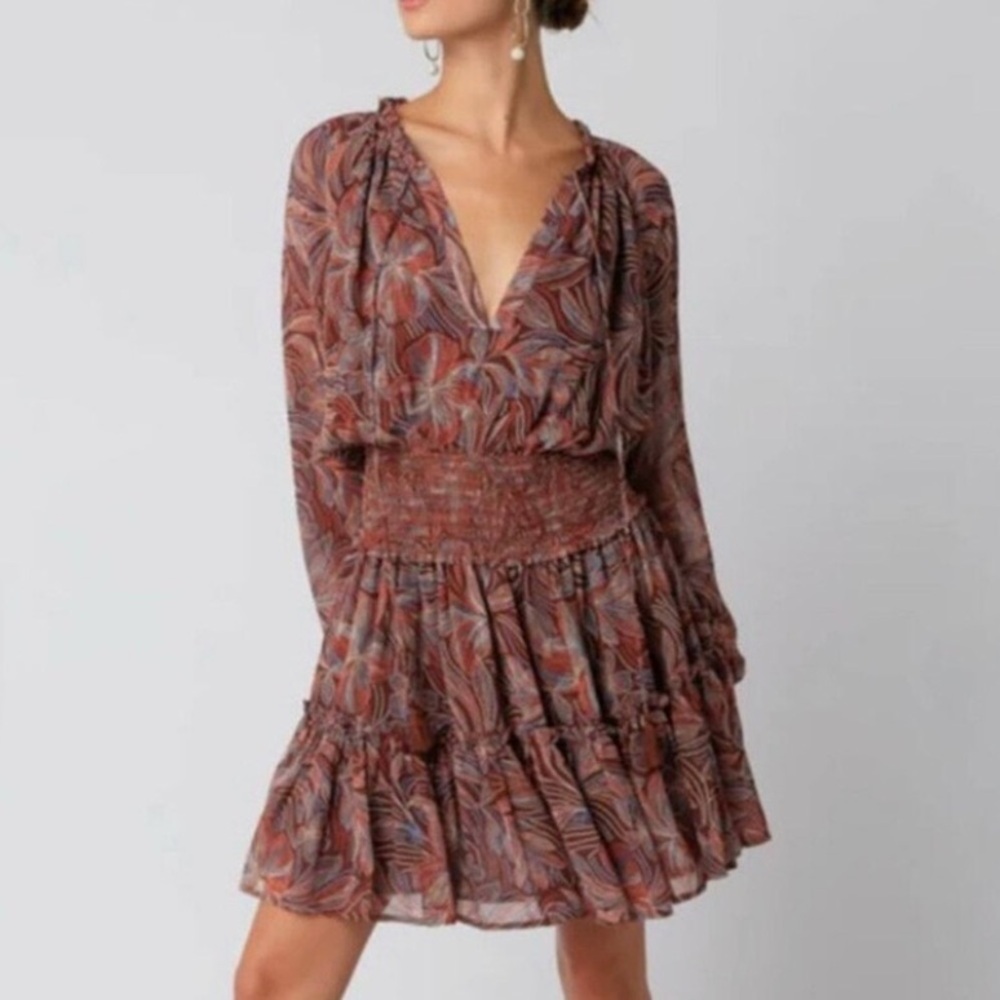 Boho Floral Smocked Waist Long Sleeve Mini Dress - Rust
